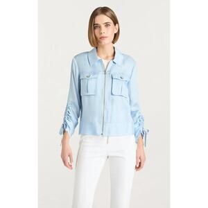 CINQ A SEPT Dale Ruched Sleeve Cupro Blue Satin Jacket
